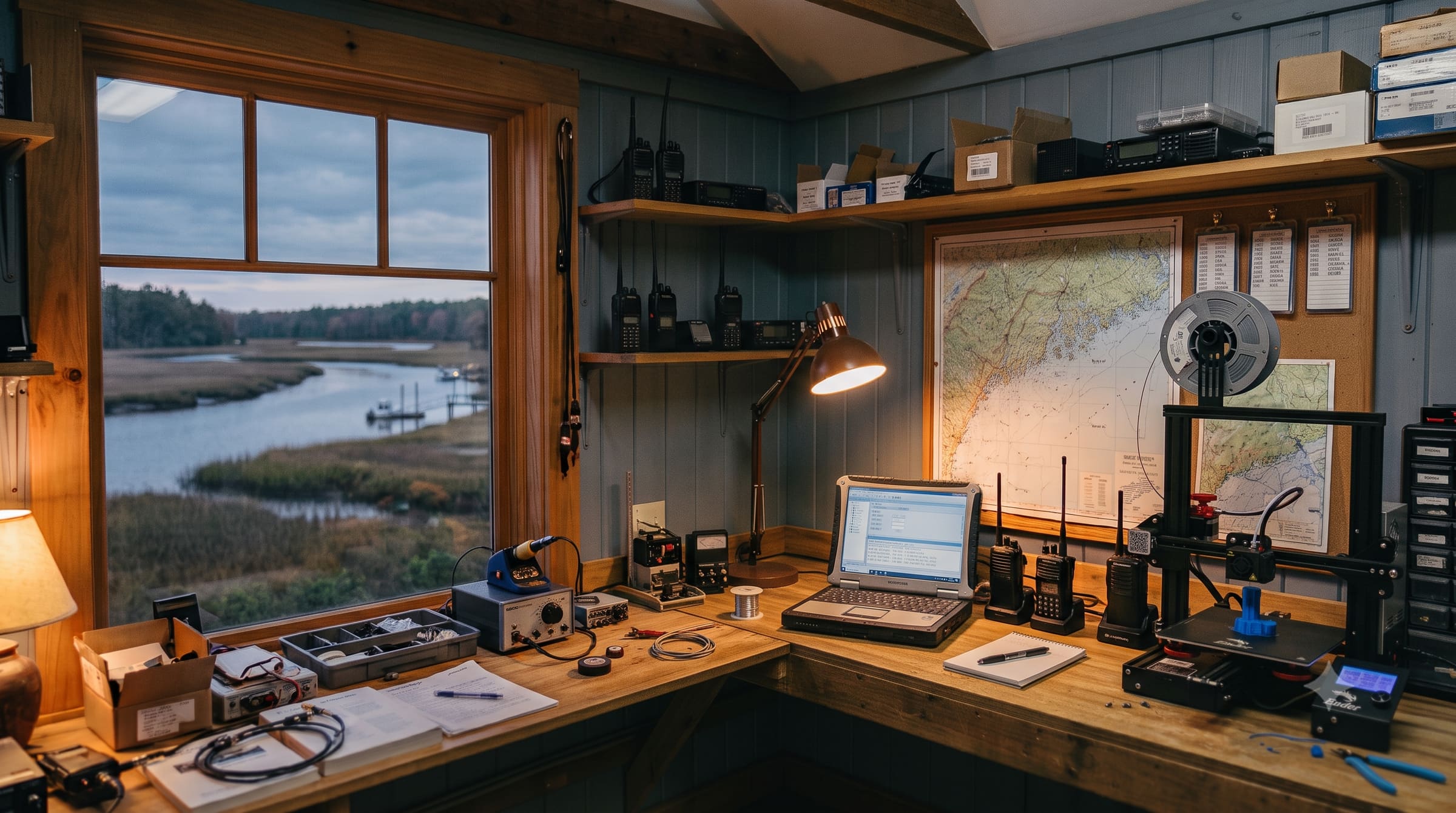 The workshop bench above the Ipswich River — radios, county maps, and a printer mid-batch