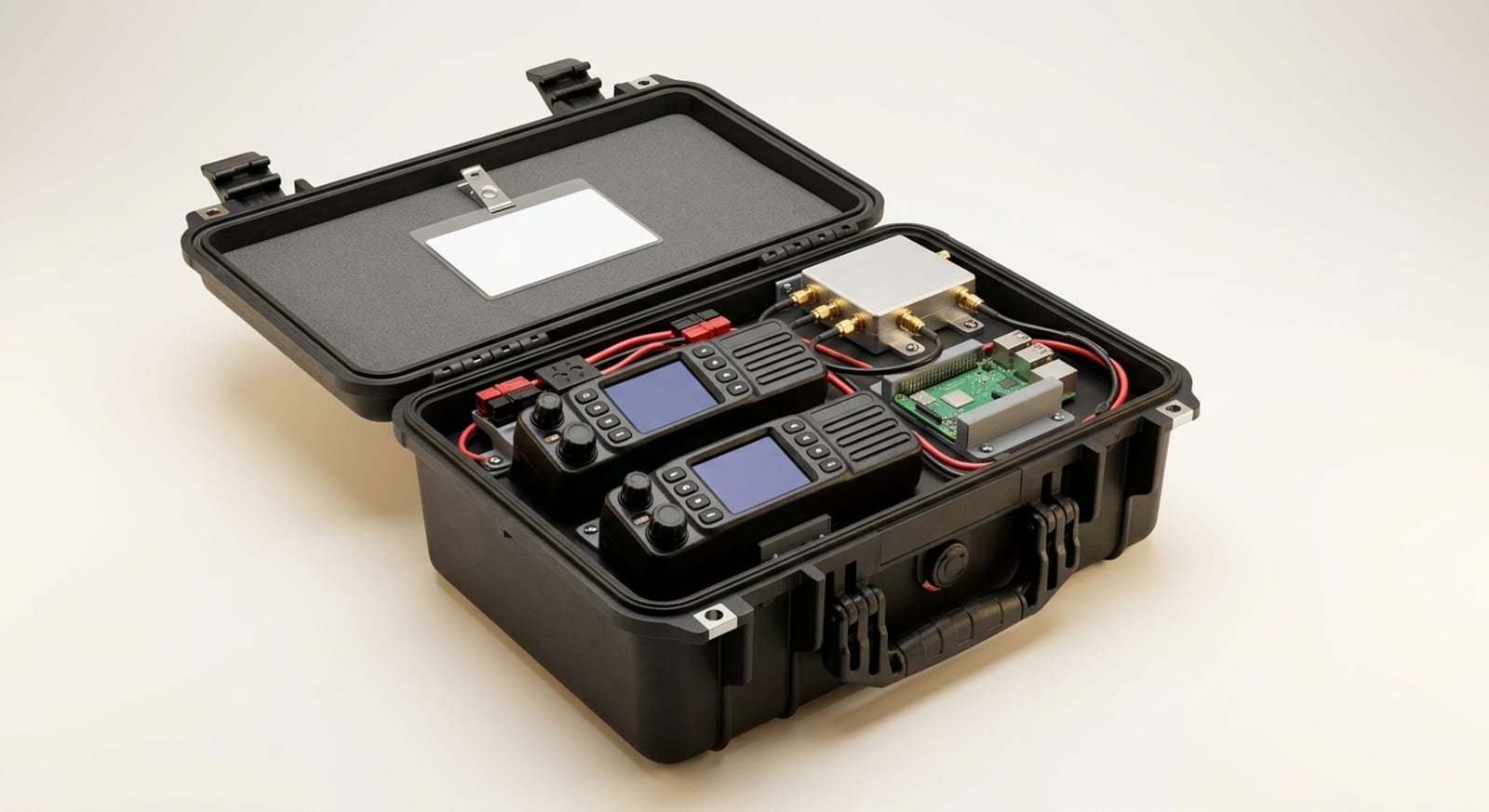 Concept rendering of the Ipswich Repeater: an open waterproof case with two mobile radios, a duplexer, and an onboard computer wired with Anderson Powerpole connectors