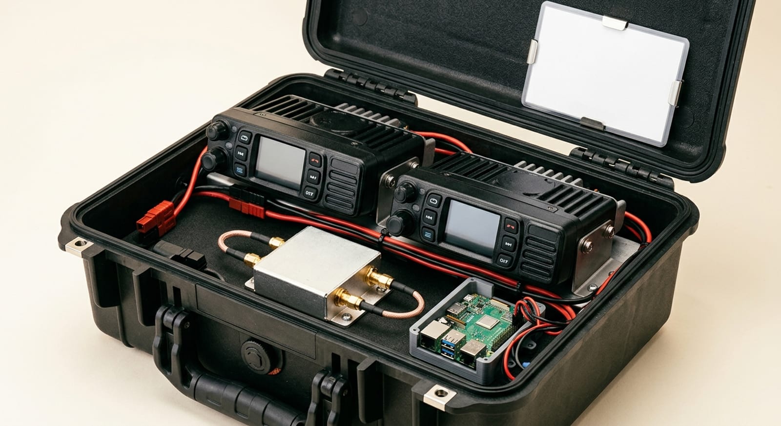 Concept rendering, interior detail: the two radios, duplexer, and onboard computer wired inside the case